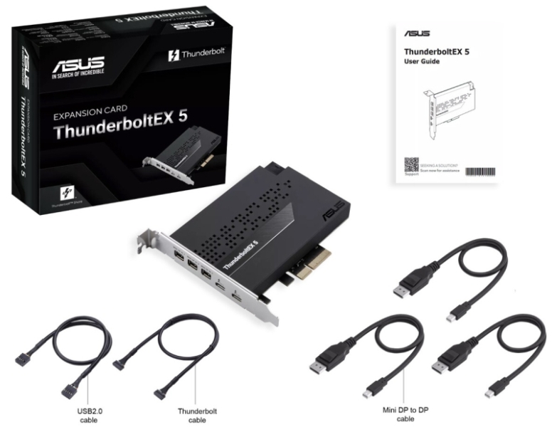 Asus представила карту расширения ThunderboltEX 5 &mdash; она превращает PCIe 4.0 x4 в два Thunderbolt 5 и три mini-DP