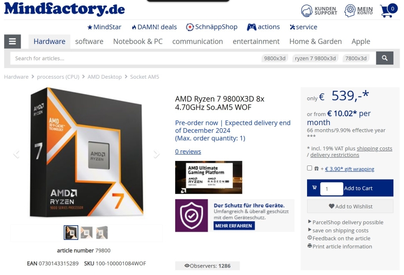 Дефицит Ryzen 7 9800X3D может затянуться &mdash; крупный немецкий ретейлер ожидает новых поставок только в конце декабря