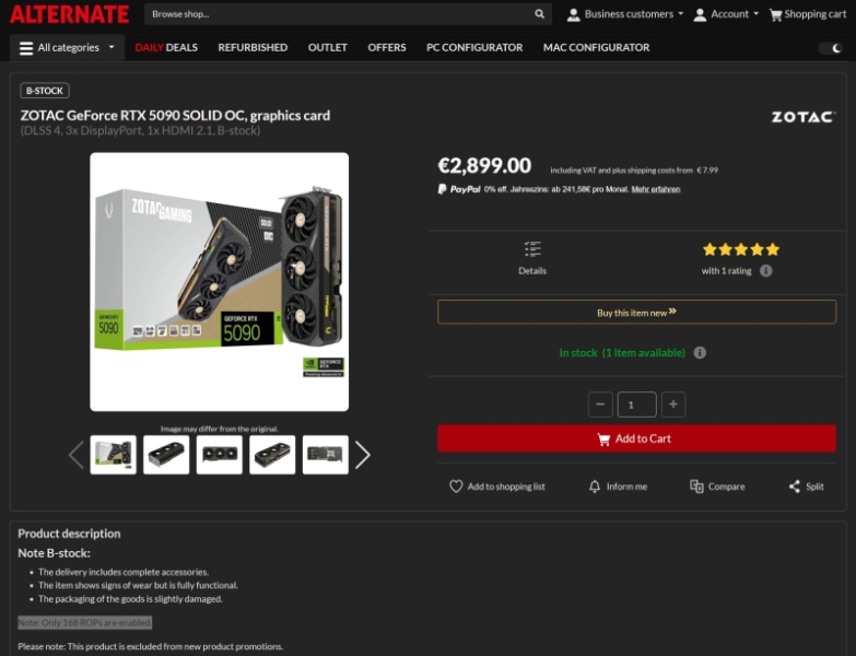 Немецкий ретейлер начал продавать слегка б/у GeForce RTX 5090 с дефектным GPU, но за полную стоимость