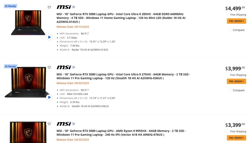 Стартовали продажи игровых ноутбуков с Nvidia Blackwell — за мобильную RTX 5090 просят как минимум $4299