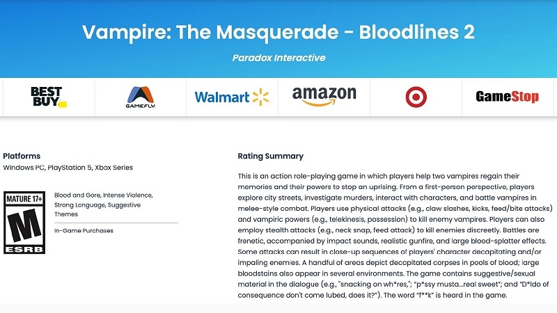 Vampire: The Masquerade &mdash; Bloodlines 2 может скоро выйти из тени &mdash; игра получила возрастной рейтинг в США