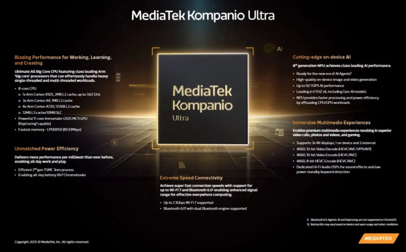 MediaTek представила процессор Kompanio Ultra для хромбуков будущего с ИИ — он очень похож на Dimensity 9400