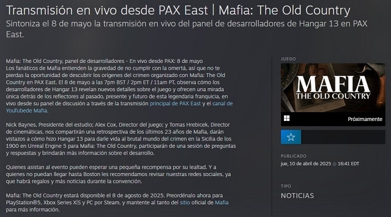 Разработчики Mafia: The Old Country случайно &laquo;слили&raquo; дату выхода игры &mdash; утечка произошла в Steam