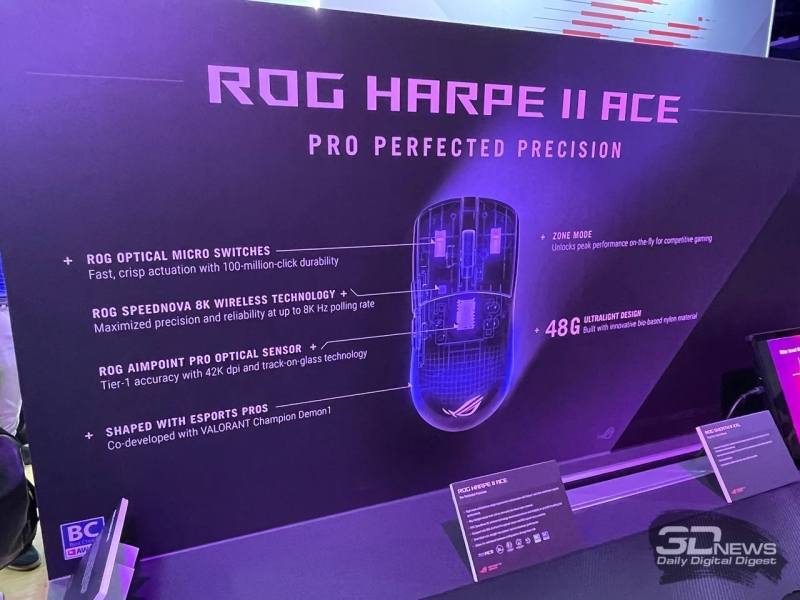 Asus показала флагманскую игровую мышь ROG Harpe II Ace весом 48 грамм и коврик с улучшенным теплоотводом