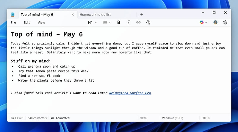 Microsoft добавила в «Блокнот» возможности форматирования текста почти как в Word