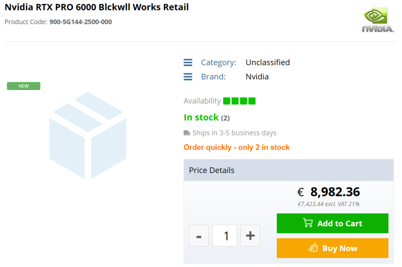 Профессиональная видеокарта Nvidia RTX Pro 6000 Blackwell Workstation Edition с 96 Гбайт GDDR7 поступила в продажу за &euro;9000
