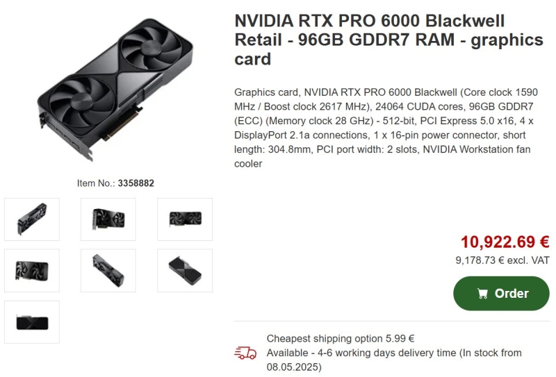 Профессиональная видеокарта Nvidia RTX Pro 6000 Blackwell Workstation Edition с 96 Гбайт GDDR7 поступила в продажу за &euro;9000