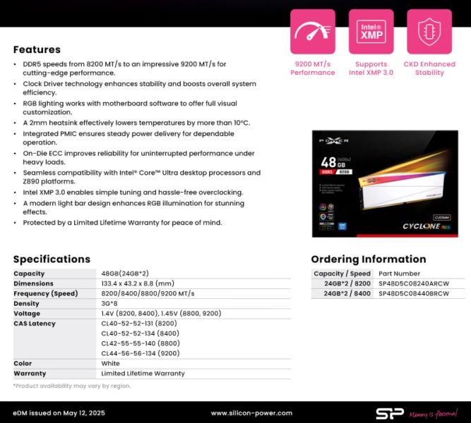 Silicon Power представила сверхбыстрые 48-Гбайт комплекты DDR5 с RGB-подсветкой