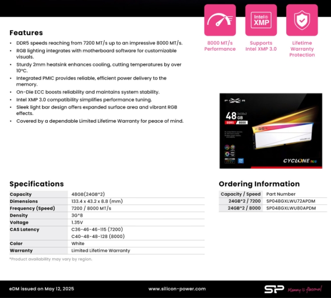 Silicon Power представила сверхбыстрые 48-Гбайт комплекты DDR5 с RGB-подсветкой