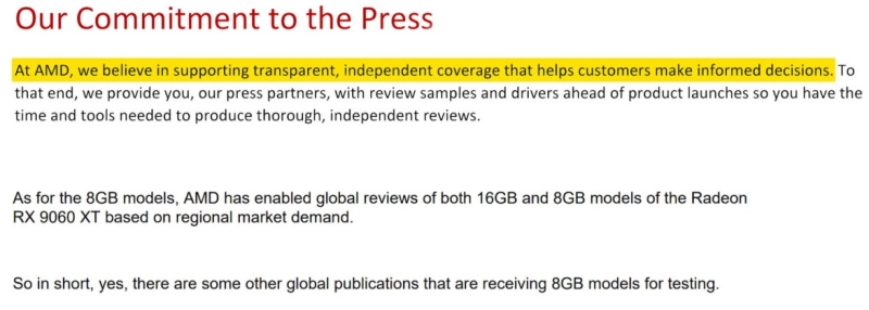 AMD оправдалась за отсутствие обзоров Radeon RX 9060 XT 8GB &mdash; получилось неубедительно
