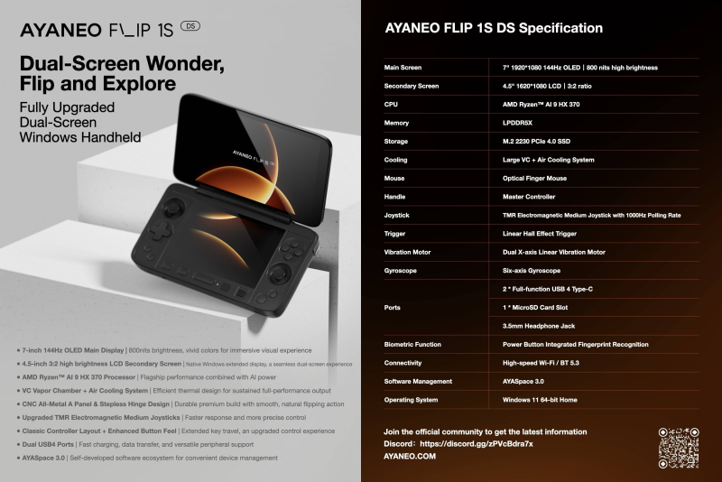 AyaNeo представила портативную складную консоль FLIP 1S DS с двумя экранами и Ryzen AI 9 HX 370