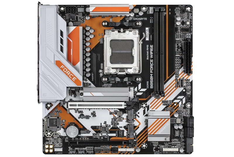 Gigabyte представила компактную чёрно-бело-оранжевую плату B850M Force для Ryzen 9000