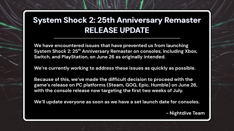 Nightdive отложила релиз System Shock 2: 25th Anniversary Remaster, но не для ПК