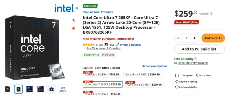 Розничная цена Core Ultra 7 265KF упала до $230 &mdash; процессор уценили на 40 %