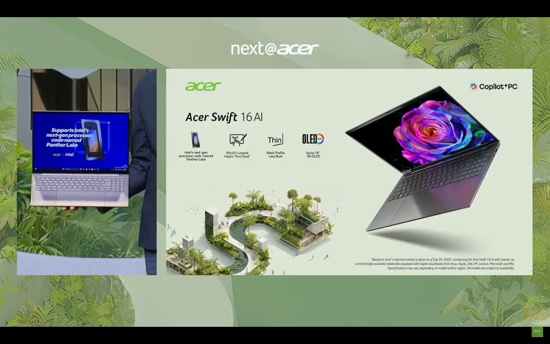 Acer показала первый ноутбук на Intel Panther Lake — Swift 16 AI с гигантским тачпадом