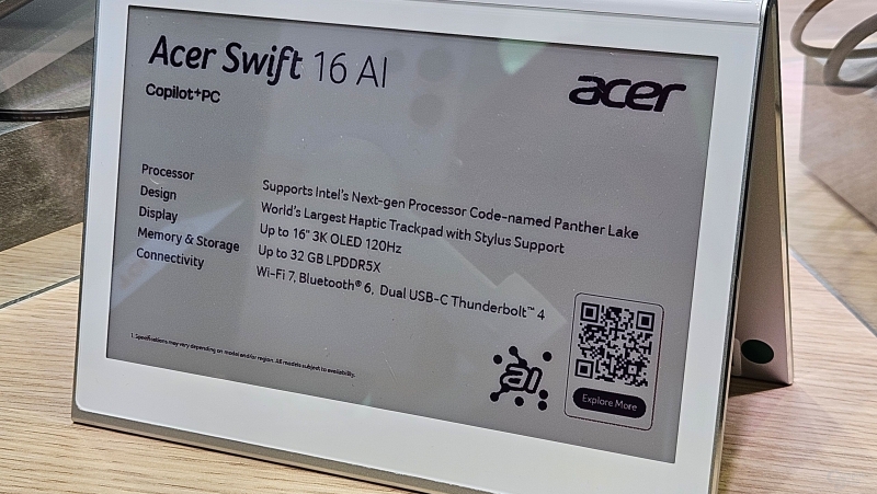 Acer показала первый ноутбук на Intel Panther Lake — Swift 16 AI с гигантским тачпадом