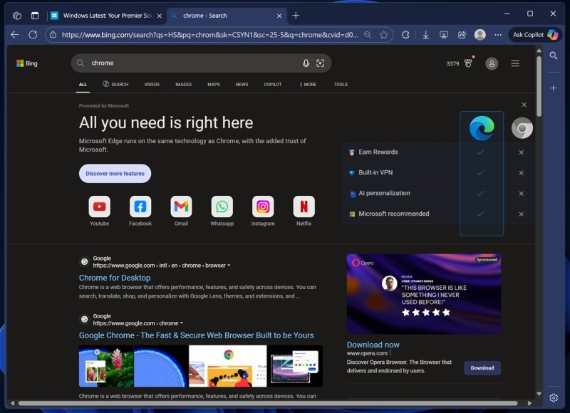 Microsoft стала ещё настойчивее отговаривать от установки Chrome — теперь ещё и через Bing