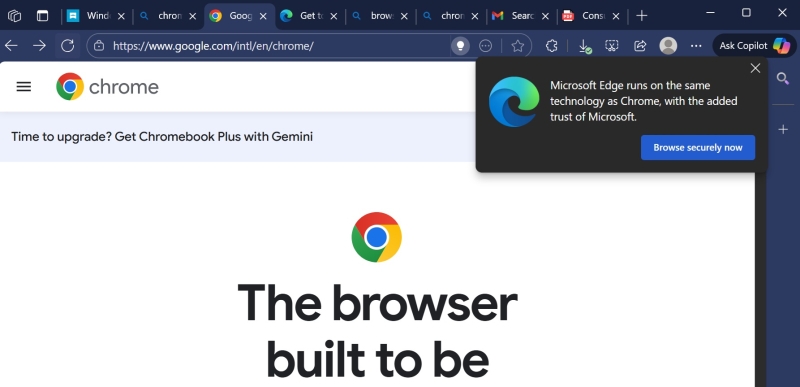 Microsoft стала ещё настойчивее отговаривать от установки Chrome — теперь ещё и через Bing