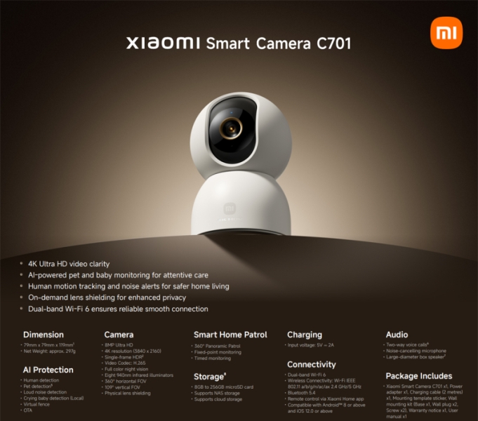 Xiaomi представила камеру видеонаблюдения Smart Camera C701 с 4K и ночной съёмкой в цвете за €60