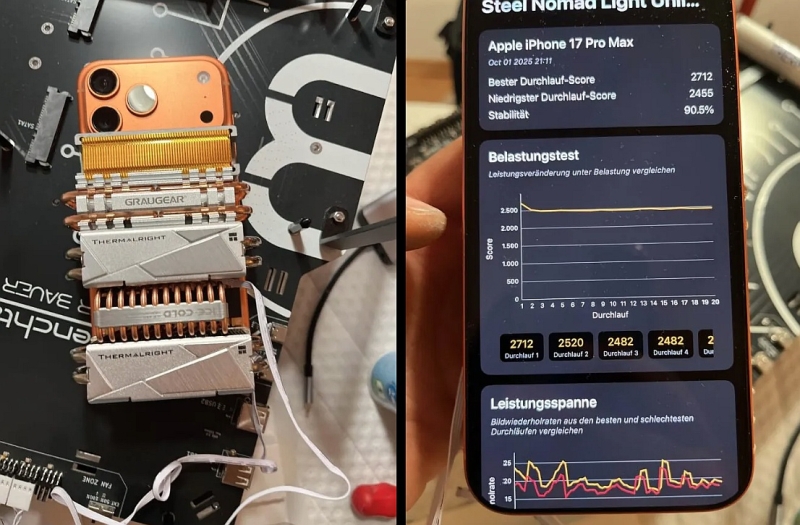 iPhone 17 Pro обвесили кулерами для SSD &mdash; и он выдержал стресс-тест почти без тротлинга