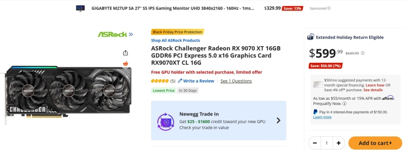 Стоимость Radeon RX 9070 XT опустилась до рекомендованных $599, но только в США