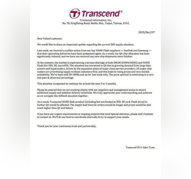 &laquo;Новых чипов не поступало с октября&raquo;: Transcend предупредила о сбоях поставок и подорожании SSD
