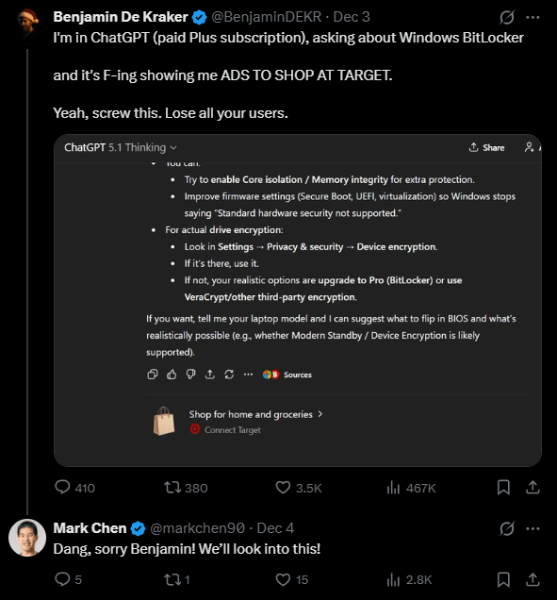 OpenAI заявила, что появившиеся в ChatGPT рекомендации по покупкам не являются рекламой