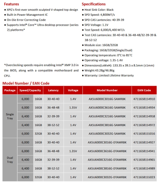 XPG выпустила модули памяти Armax DDR5 со скоростью до 6400 МТ/с и ёмкостью до 32 Гбайт