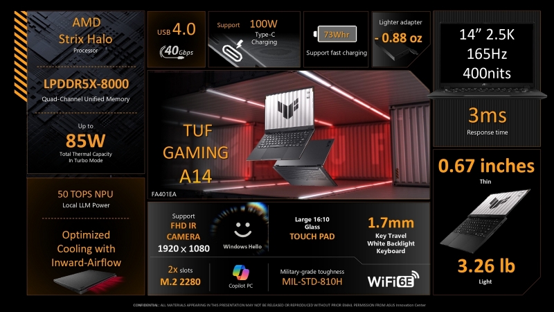 Asus представила обновлённый игровой ноутбук TUF A14 на процессорах AMD Ryzen AI 400 и свежих Ryzen AI Max
