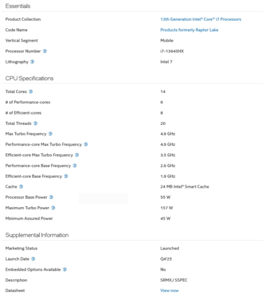 Intel внезапно выпустила мобильный 14-ядерный процессор Core i7-13645HX поколения Raptor Lake