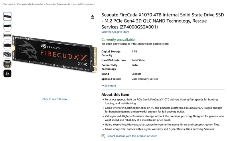 Seagate готовит к выпуску серию накопителей FireCuda X1070 PCIe 4.0 со скоростью чтения выше 7 Гбайт/с