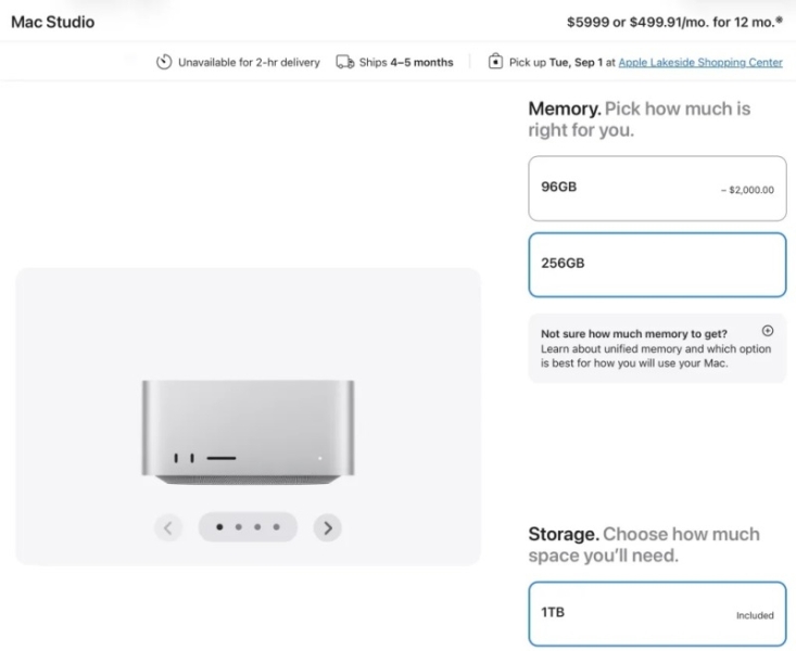 Apple распродала все Mac Studio с 256 Гбайт оперативки — сроки доставки растянулись до 4–5 месяцев