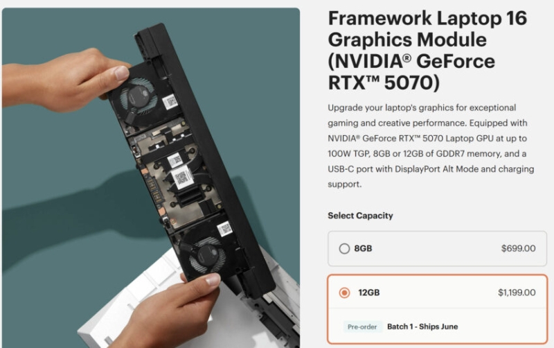 Framework оценила мобильную GeForce RTX 5070 12GB в $1199 и предупредила о повышении цен на версию с 8 Гбайт памяти