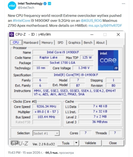 Intel Core i9-14900KF разогнали до 9206,34 МГц &mdash; это новый мировой рекорд
