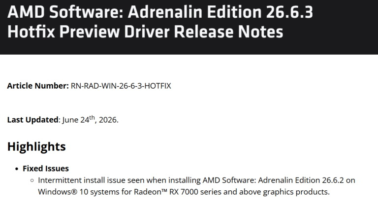 AMD выпустила Hotfix-драйвер для видеокарт Radeon RX 7000 и новее, работающих под Windows 10