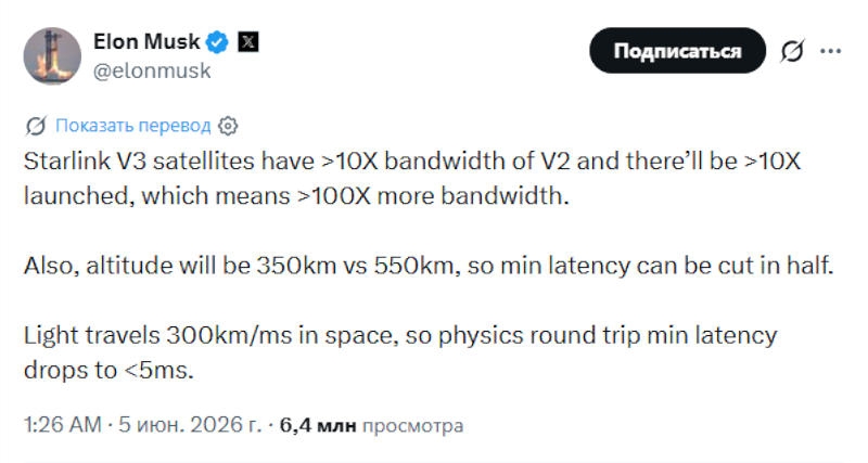 Илон Маск заговорил о 100&nbsp;000 аппаратов Starlink на орбите &mdash; чтобы ускорить спутниковый интернет в 100 раз