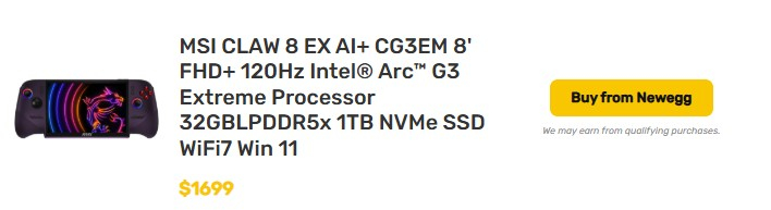 MSI оценила портативную приставку Claw 8 EX AI+ на чипе Arc G3 Extreme в $1799