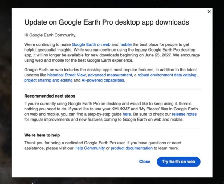 Настольная Google Earth Pro скоро пополнит кладбище Google — но веб- и мобильная версии пока останутся