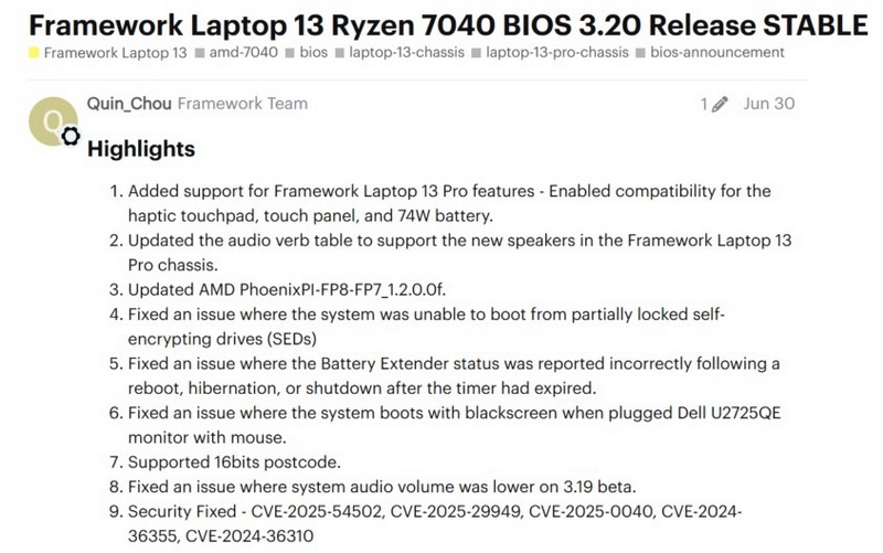 Framework подтвердила, что её Laptop 13 на Ryzen 7040 может окирпичиться после обновления BIOS