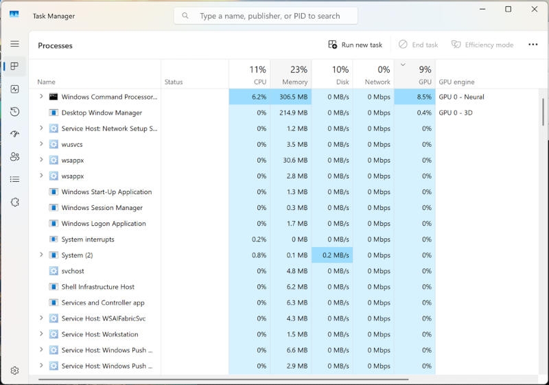 Microsoft добавила в диспетчер задач Windows мониторинг ИИ-нагрузок