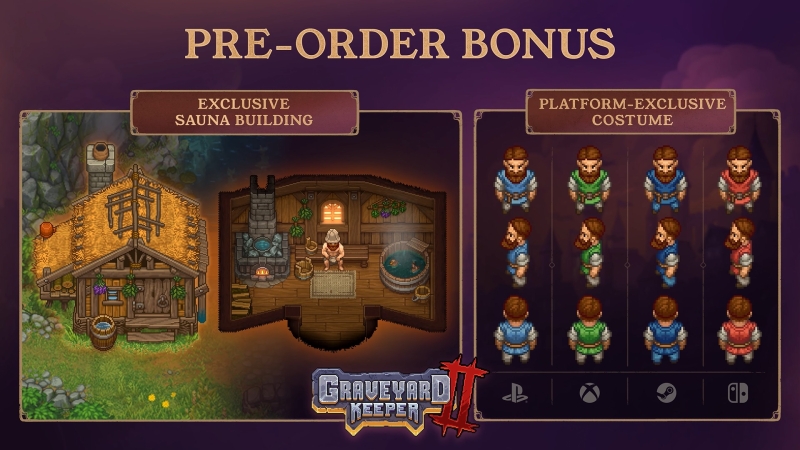Разработчики симулятора смотрителя средневекового кладбища Graveyard Keeper 2 анонсировали дату выхода и пообещали сауну в подарок за предзаказ