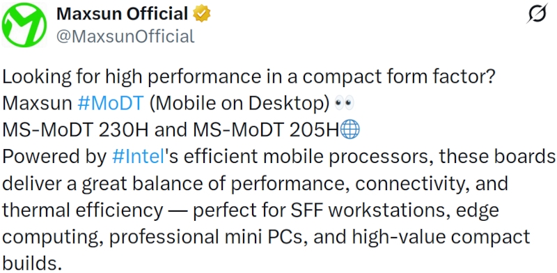 MaxSun выпустила новые MoDT-платы с распаянными Raptor Lake серии Core 200H