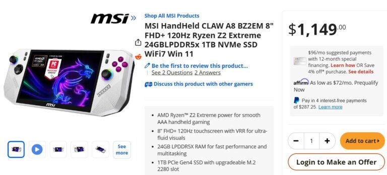 Портативная приставка MSI Claw A8 на Ryzen Z2 Extreme добралась до США и Европы по цене $1149 за вариант с 24 Гбайт ОЗУ