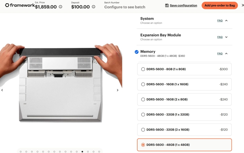 Производитель модульных ноутбуков Framework объявил о повышении цен на расширение памяти DDR5 на 50 %